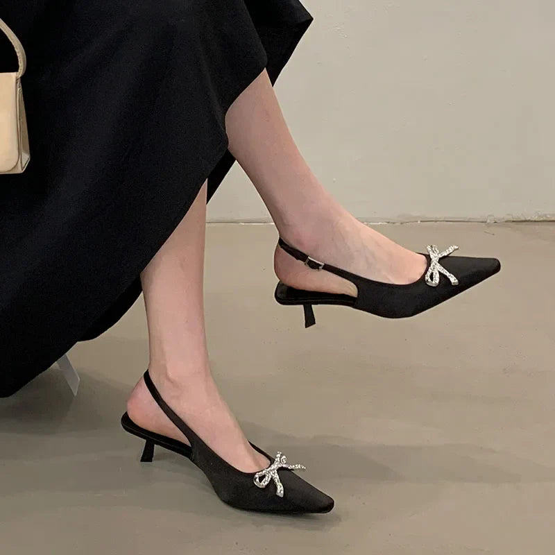 Shallow Medium Heels Sandals Shoes Pointed Toe Footwear Butterfly-Knot Heels Pumps Sandals Shoes