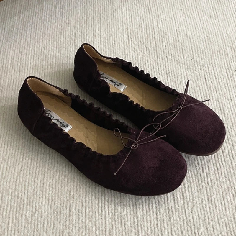 Suede Retro Bowknot Round Toe Flat Shoes Soft Sole Comfort