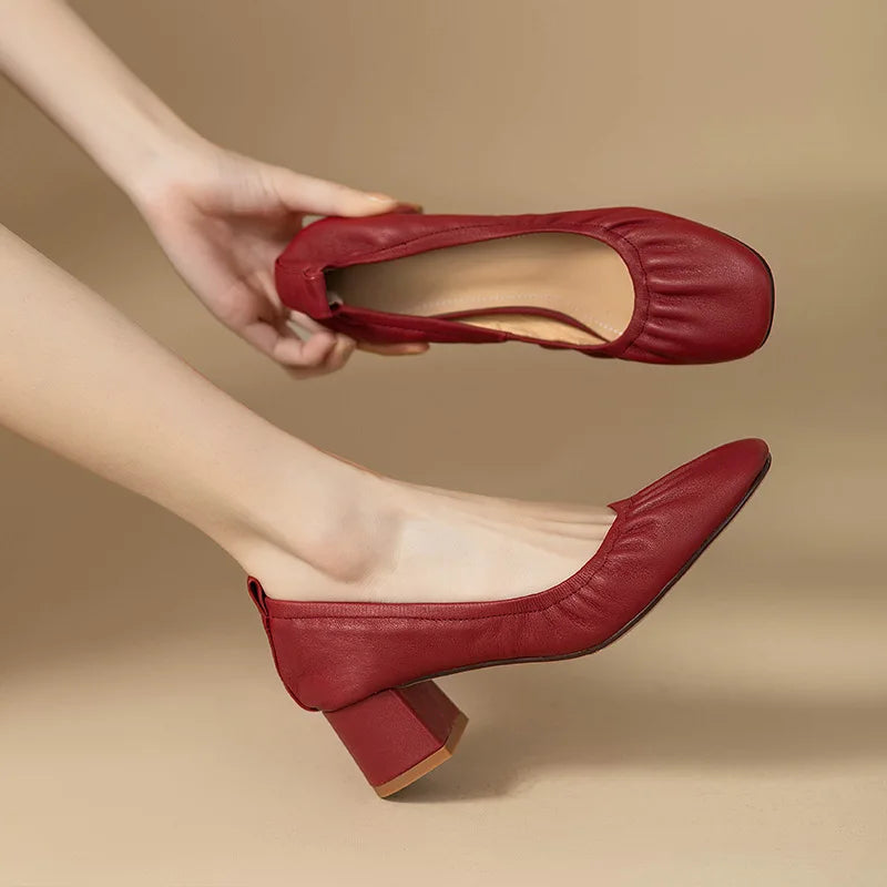 Oxford Shoes Vintage Pumps Mid Heels Square Toe Pumps Slip on Sewing High Heels Boat Shoes Elegant