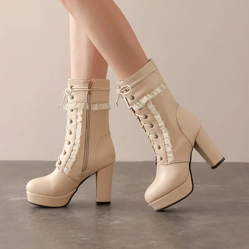 Ruffles Vintage Lolita Wedding Boots Chunky Block Square High Heels Lace Up Thick Platform Gothic Shoes Black White Pink