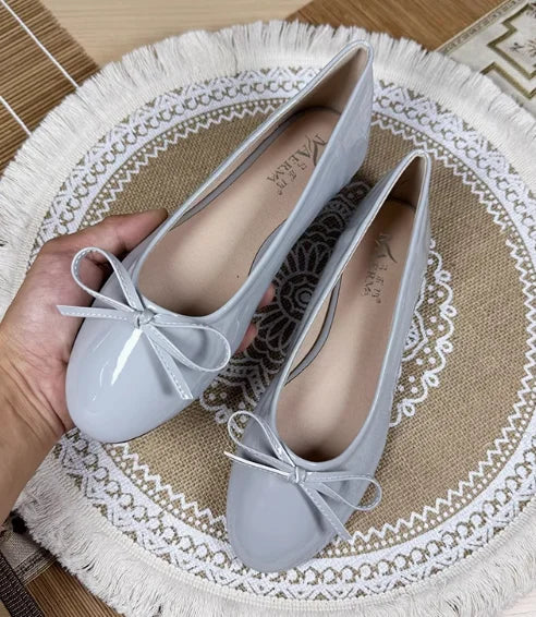 Round Toe Ballet Flats Spongy Bottom Hot Italian Shoes Patent Leather Classic Bow-Knot Dressing Slip-On 34 48 47