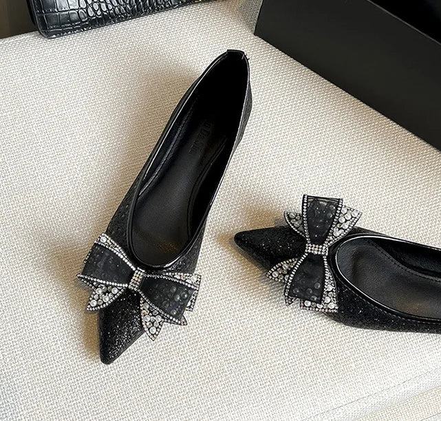 Gold/Silver Bowknot Flats Sparkle Crystal Shoes Elegant Lace Bow Pointed Toe Ballets Moccasins