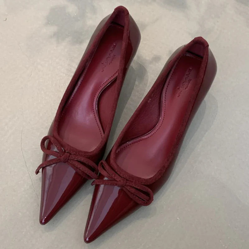 Pointed Toe Pumps Single Shoes Bowknot Patent Leather Office Shallow Elegant Brand High Heels Tacones