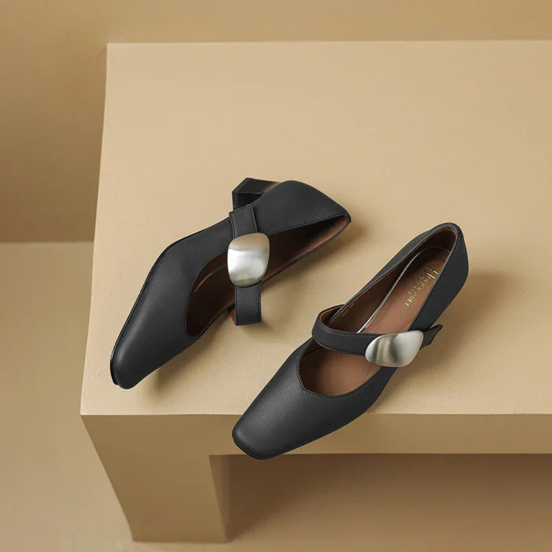 Genuine leather pointed toe low heel pumps