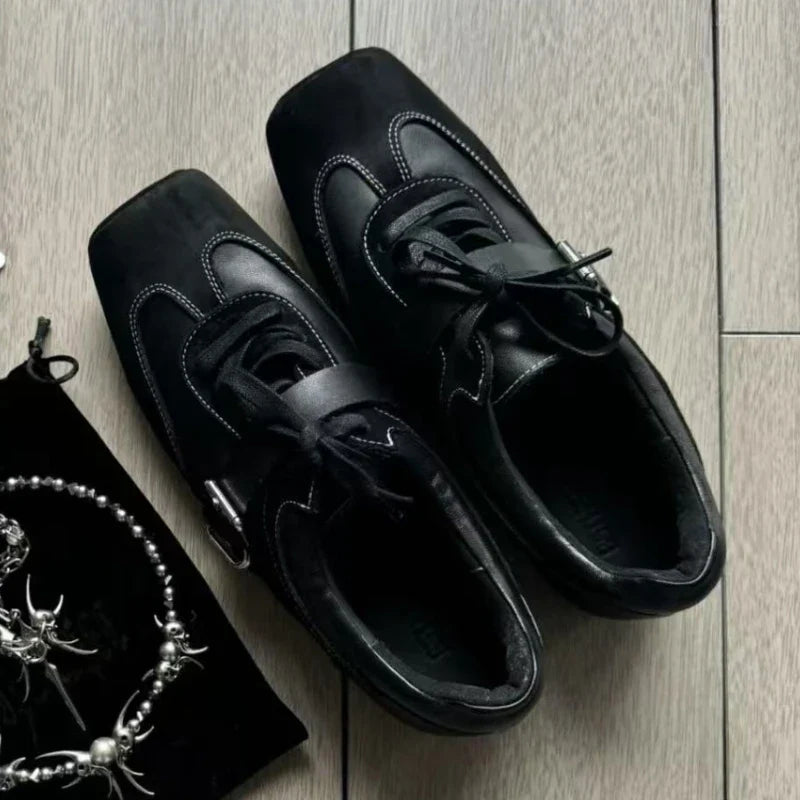 Retro Square Toe Ballet Sneaker Leather Patchwork Sports Shoes Casual Lace Up Belt Buckle Design Mary Jane Shoes