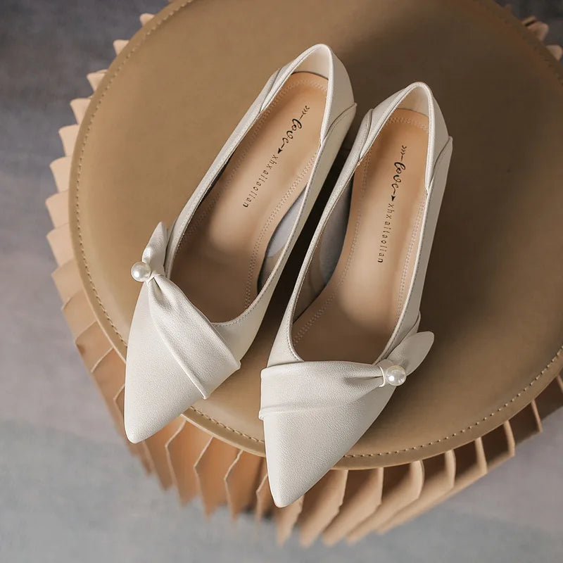 leather bow band flat shoes woman pointed toe pearl decoration slip on loafers two wears pleated ballet flats