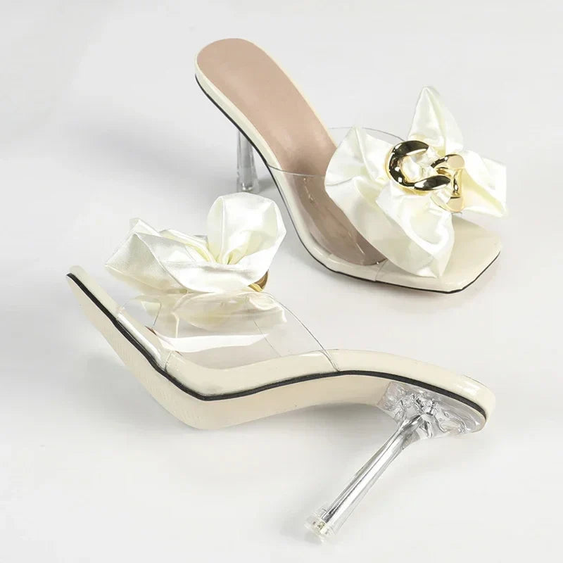 Pink Bowknot Slippers Clear High Heels Mules Heels Transparent Pvc Slide Sandals Party Banquet Shoes
