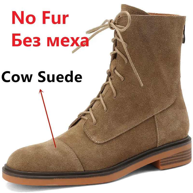 Ankle Boots Office Casual Genuine Leather Wool Low Heels Comfortable Shoes Woman High Quality