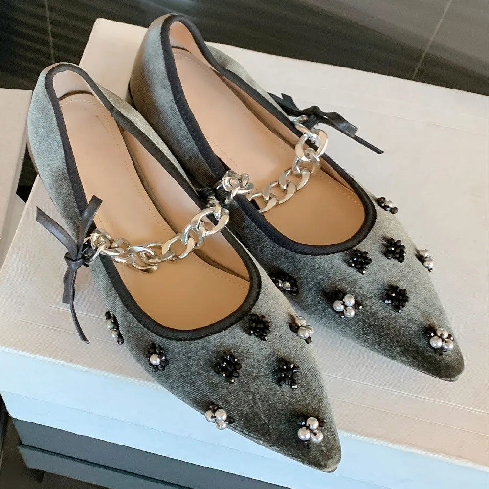 velvet pointed toe slip-on mary jane flats beading decoration casual ballet flats sweet ballerians shoes
