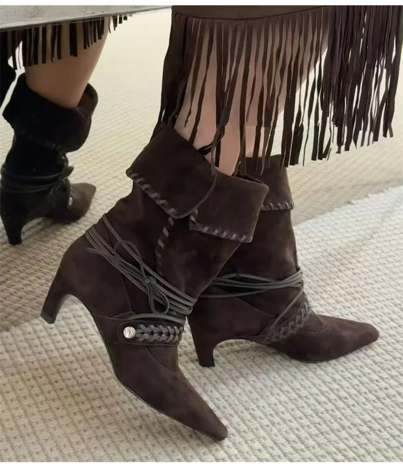 Faux Suede Weave Lace-up Motorcycle Boots High heels Chelsea Western Mid-Calf Short Booties Shoes