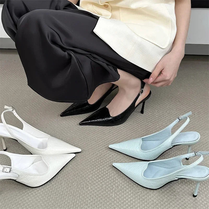 Elegant Slingbacks Thin High Heels Pointed Toe Buckle Strap Blue Party Heeled Sandals