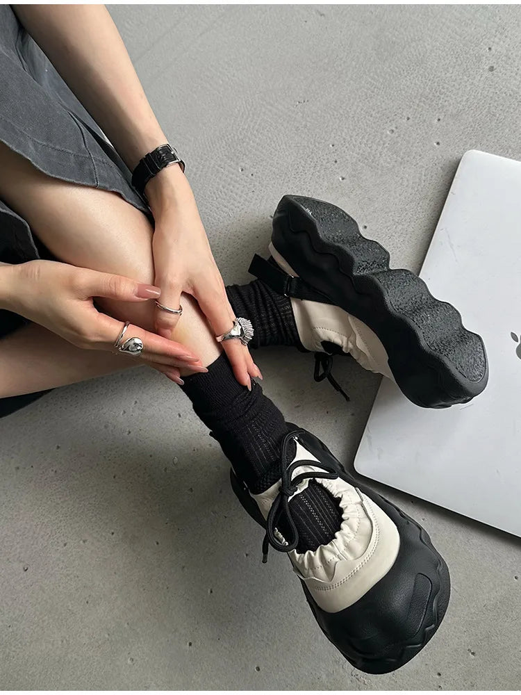 Street Explosion 5CM Mary Jane Sandals Wave Thick Bottom Lace Hollow Big Head Bread Shoes