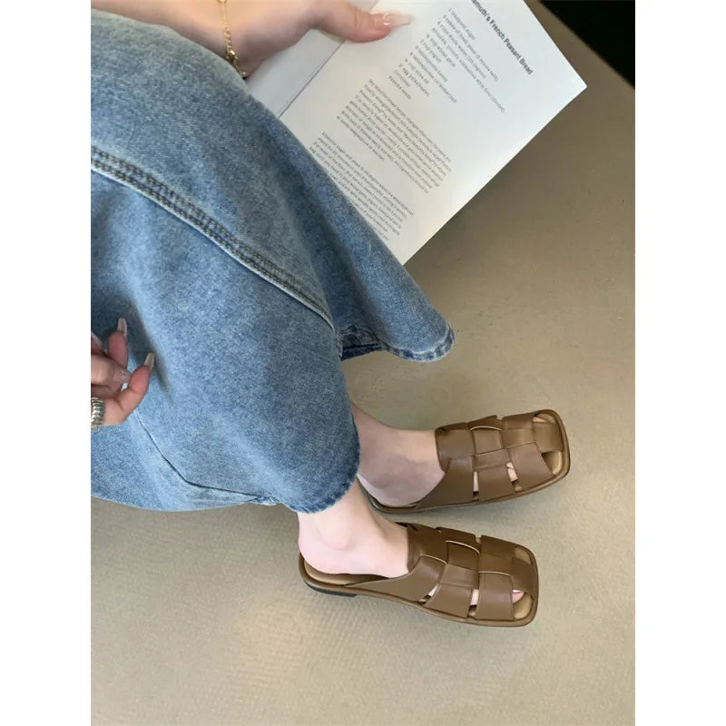 Slippers Shoes Low Slides Cover Toe Pantofle Fretwork Heels Flat Rubber PU Fabric Hoof Shoes Wo