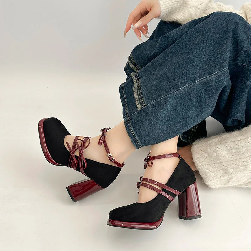 Thick Heel Mary Jane Shoes Butterfly-knot Buckle Strap Shoes Elegant Party Dress Pumps