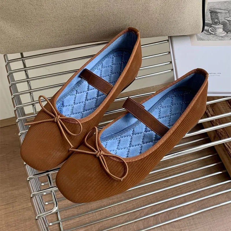 Sweet Butterfly Knot Stripe Design Mary Jane Shoes Comfortable Suede Elastic Band Casual Flats Elegant Brand Shoe