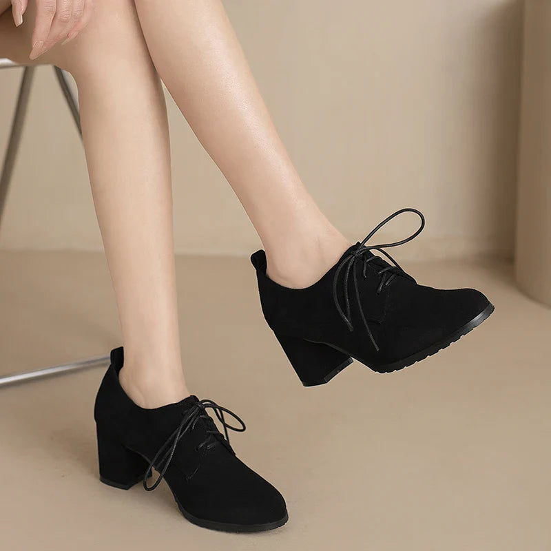 Retro Pumps Classics Flock Lace Up Office Round Toe Block High Heel Shoes Size 33-43 Black Brown