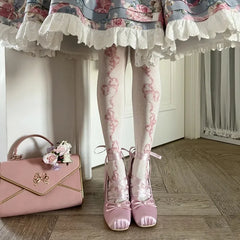 Pink Purple Blue White Black Cross-strap High Heels Thick Heel Girl Ballet Shoes Outside Y2K Elegant Satin Lolita Single Shoes