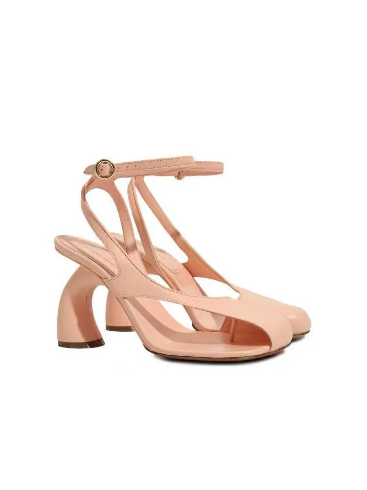Leather Sandals Square Toe Ankle Strap Chunky Heel Elegant Party Evening