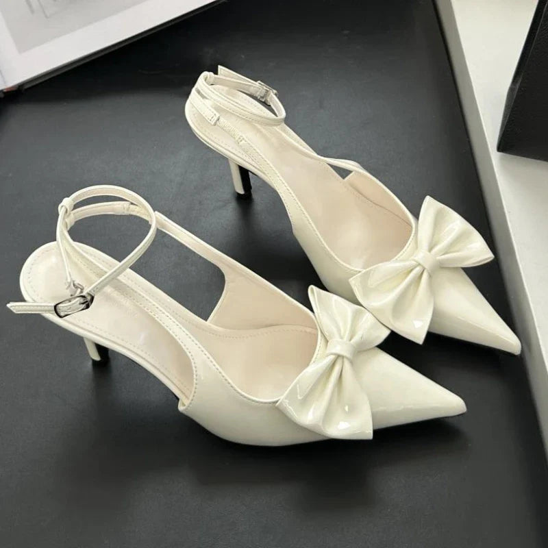 Bowknot Pointed Toe Ankle Strap High Heeled Shoes Brand Thin High Heel Backless Sweet Pumps