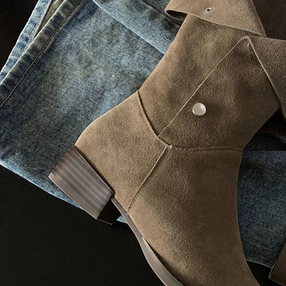 plus size 34-42 natural suede leather metal buckle slip-on flats autmn knee high boots fold casual boots shoes