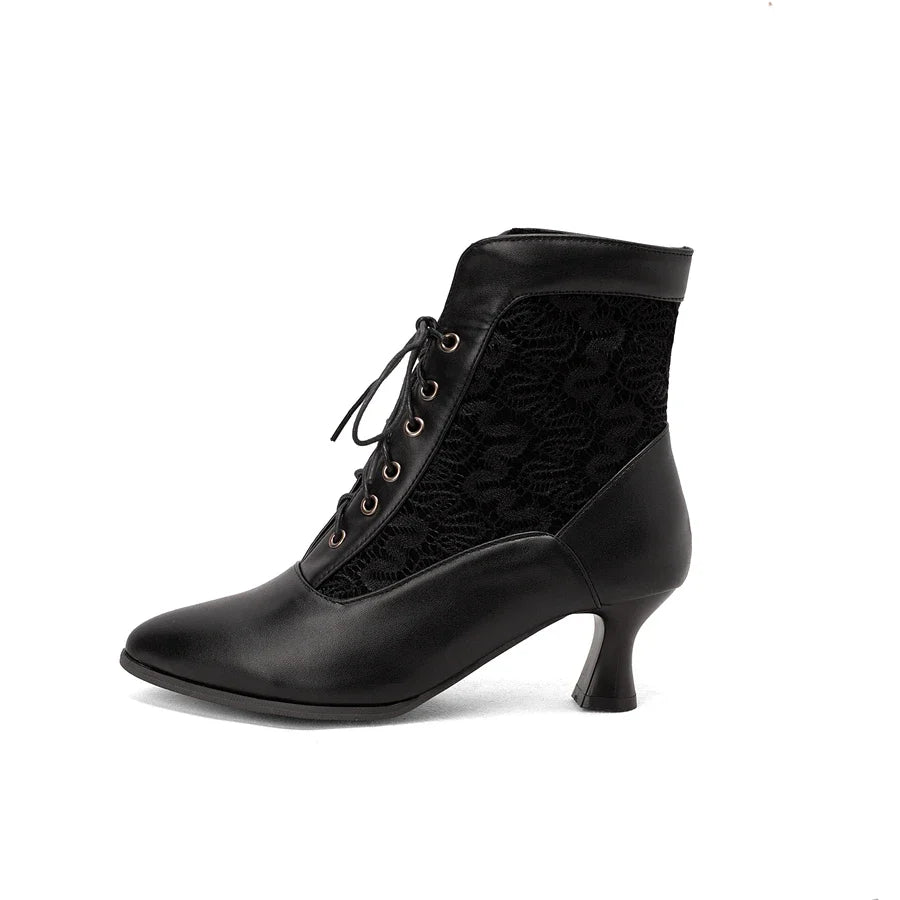 White Red Victorian Pointed Toe Ankle Boots PU Leather Embroidered Laces Punk Cross-tied Kitten High Heel Shoes Plus Size
