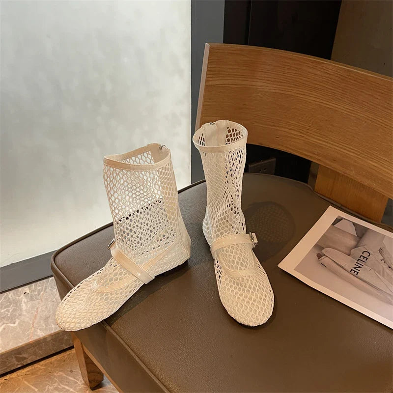 Woman Ankle Boots Burgundy Mesh Flat Shoes Porosity Round Toe Low Heels Shoes White Flats Size 43 Botas Feminino