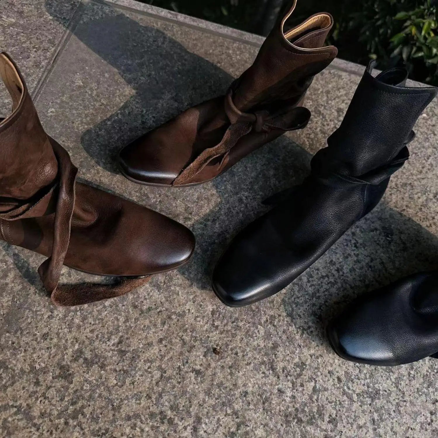 Genuine Leather Butterfly Knot Wrapped Strap Short Ankle Boots Polished Color Distressed Flat Bottomed Bare Shoes