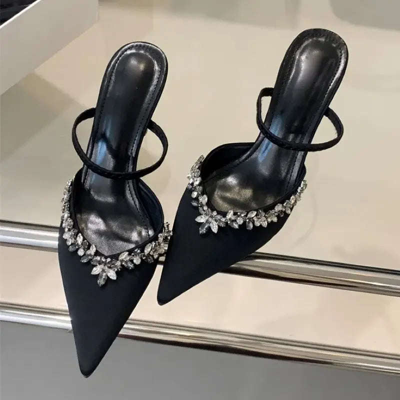 Pointed Toe Slippers Crystal Thin Heels Party Dress Mule shoes