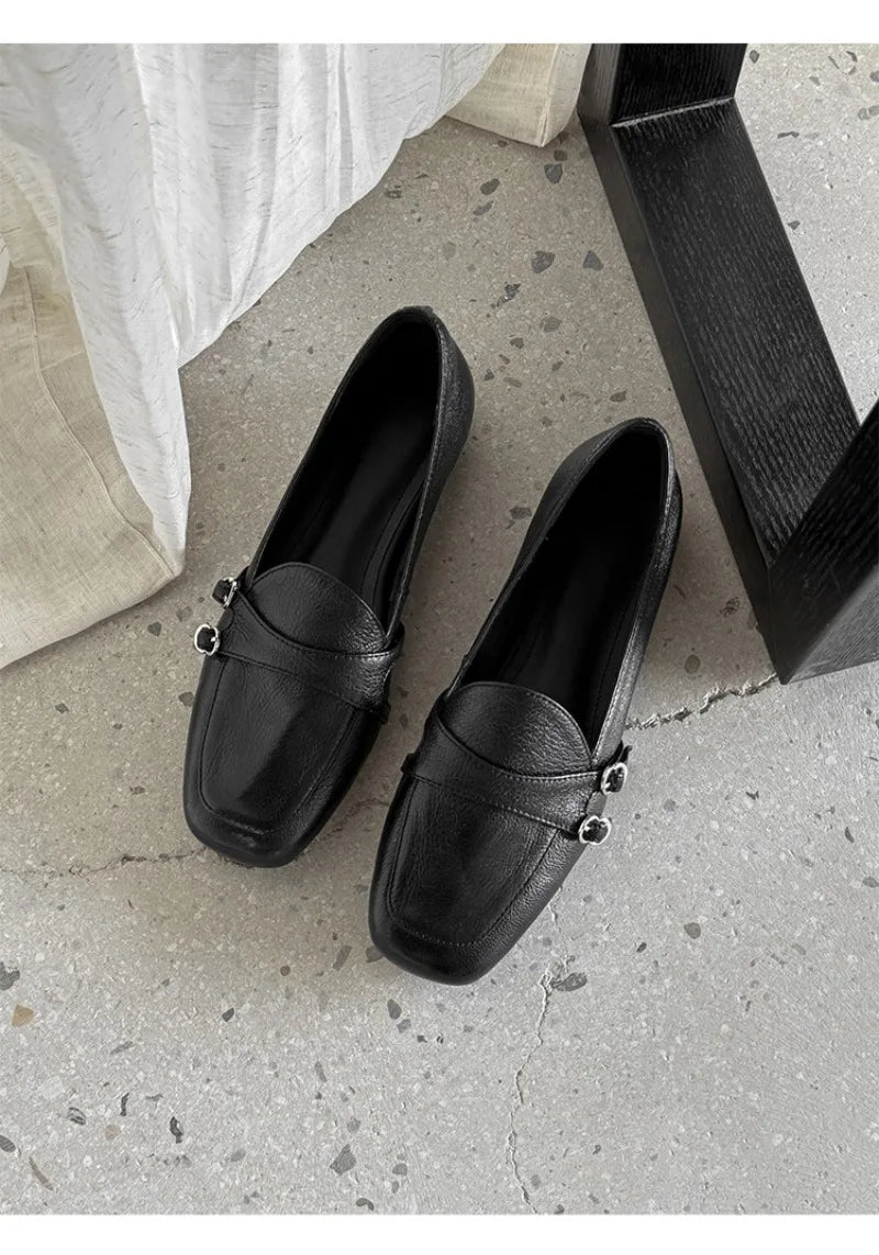 Elegant Burgundy Square Toe Loafers Metal Buckle Stitching Shoes Comfortable Commuting Flat Office Shoes