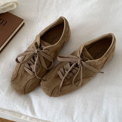 Retro Lace Up Flat Shoes Coyz Square Toe Ballet Sneakers Lightweight Non-Slip Outdoor Walking