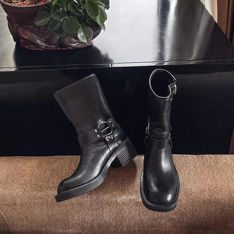 Ankle Boots Thick High Heels Knight Boots Leather Western Boots Shoes Cowboy Boots botas de mujer