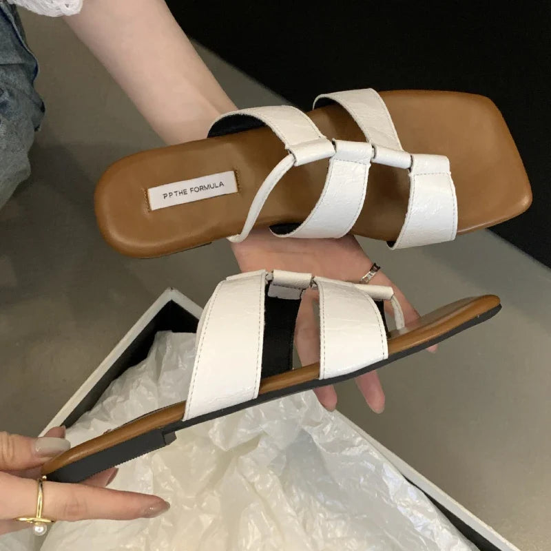 Set Toe Flat Sandals Square Head Hollow Slippers Party Soft Bottom Beach Shoes Flip Flops