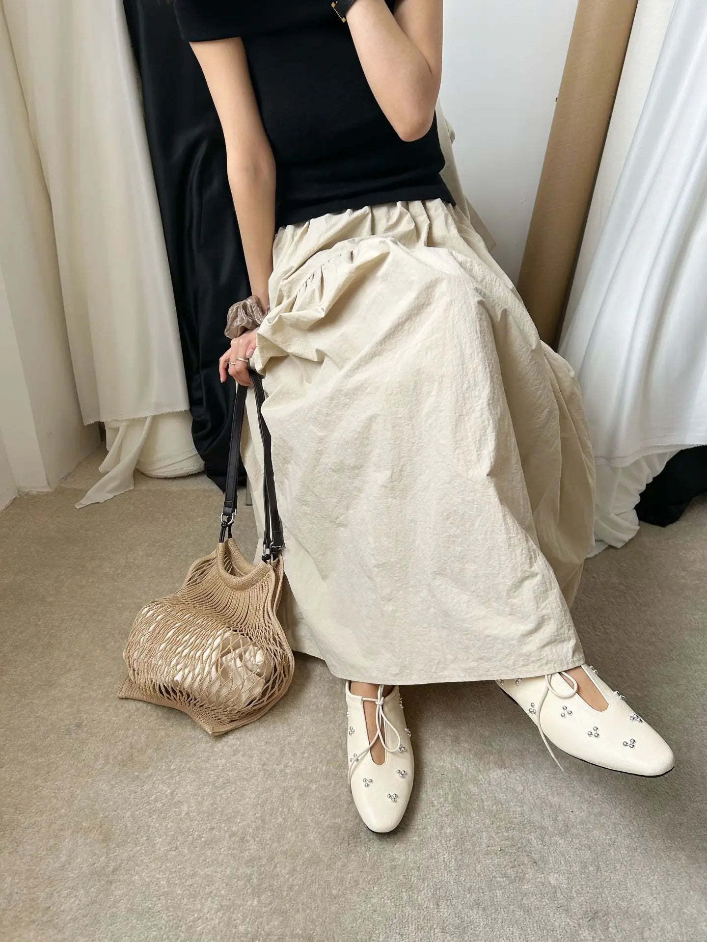 Metal Rivet Decoration Shallow Mouth Ballet Flats High Quality Soft Bottom Lacing Flat Shoes Casual Comfy Shoes