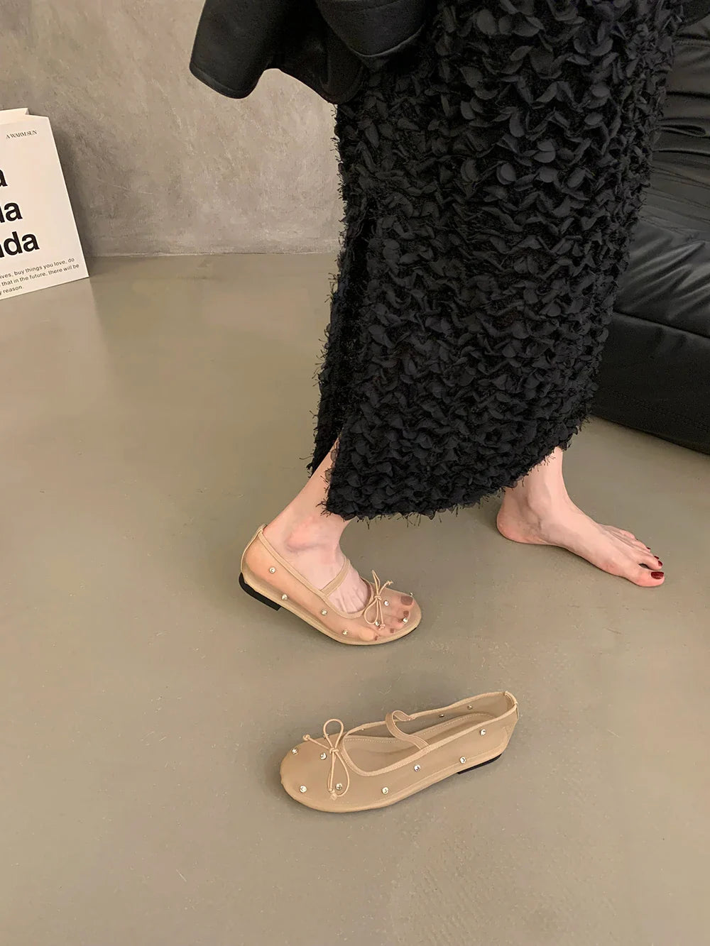 Flat Shoes Mesh Elegant Mary Jane Shoes Soft Sole Outdoor Dress Ballerinas