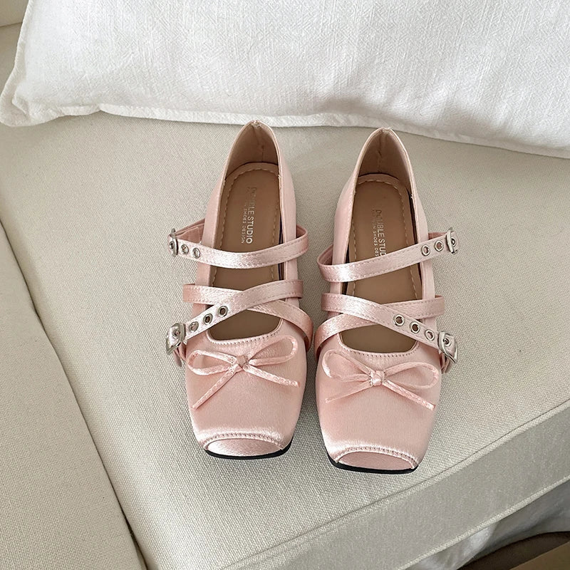 Butterfly-knot Flat Mary Jane Comfort Soft Sole Elegnat Square Toe Dress Ballets Shoes