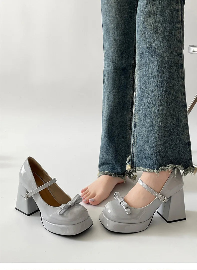 Platform Thick Heel Mary Jane Shoes Square Toe Shoes Elegant Height Increase