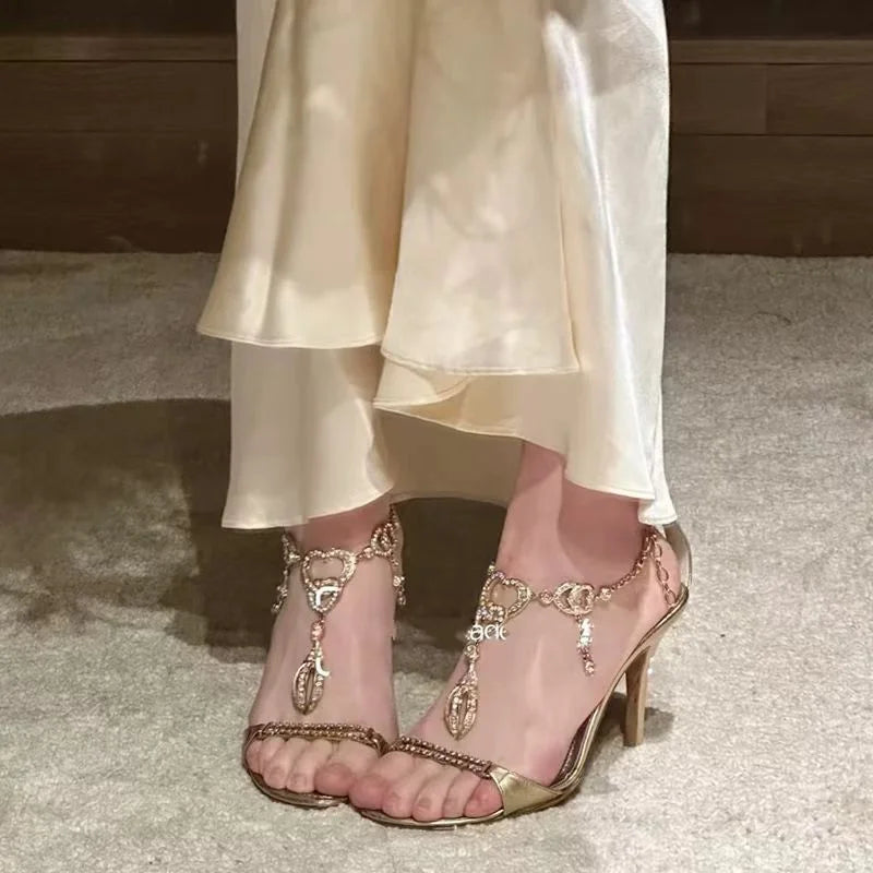 Crystal Rhinestone Chain Ankle Strap Sandals Elegant Open Toe Gold High Heels Wedding Prom Shoes