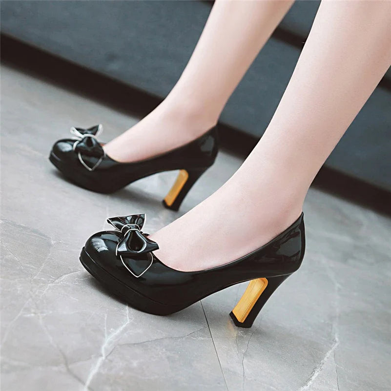 Round Toe Platform Thick High Heels Bow Shallow Wedding Shoes Black Beige 43