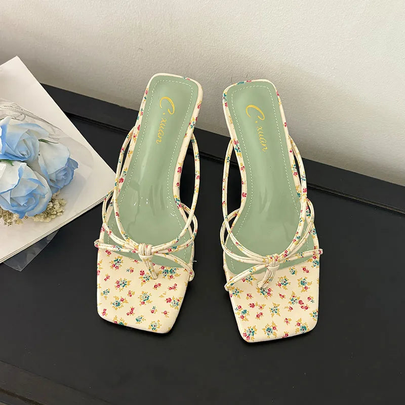 Shallow Thin Heel Slippers Slides Square Toe Medium Heel Sandals Shoes Flip flops Pumps