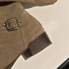 plus size 34-42 natural suede leather flats western boots double metal buckle casual long boots shoes