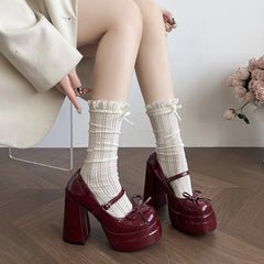 Platform Thick Heel Mary Jane Shoes Butterfly-knot Shoes Outdoor Dress Leather Pumps