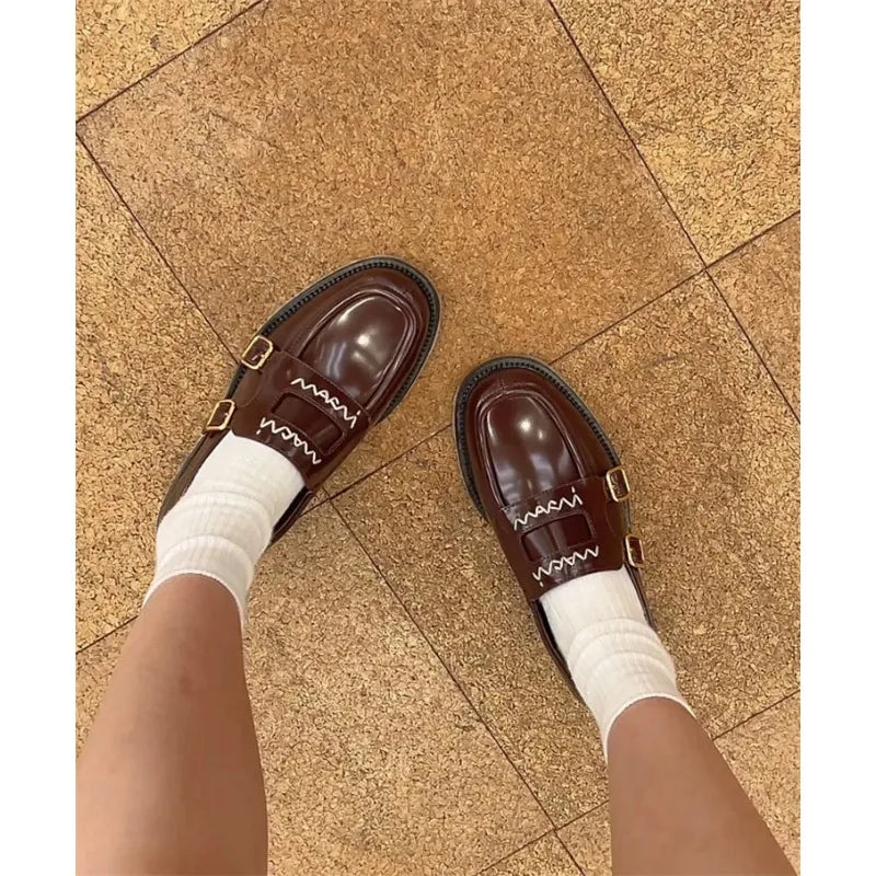 Niche British Style Embroidered Letter Small Leather Shoes Metal Buckle Loafers Shoes