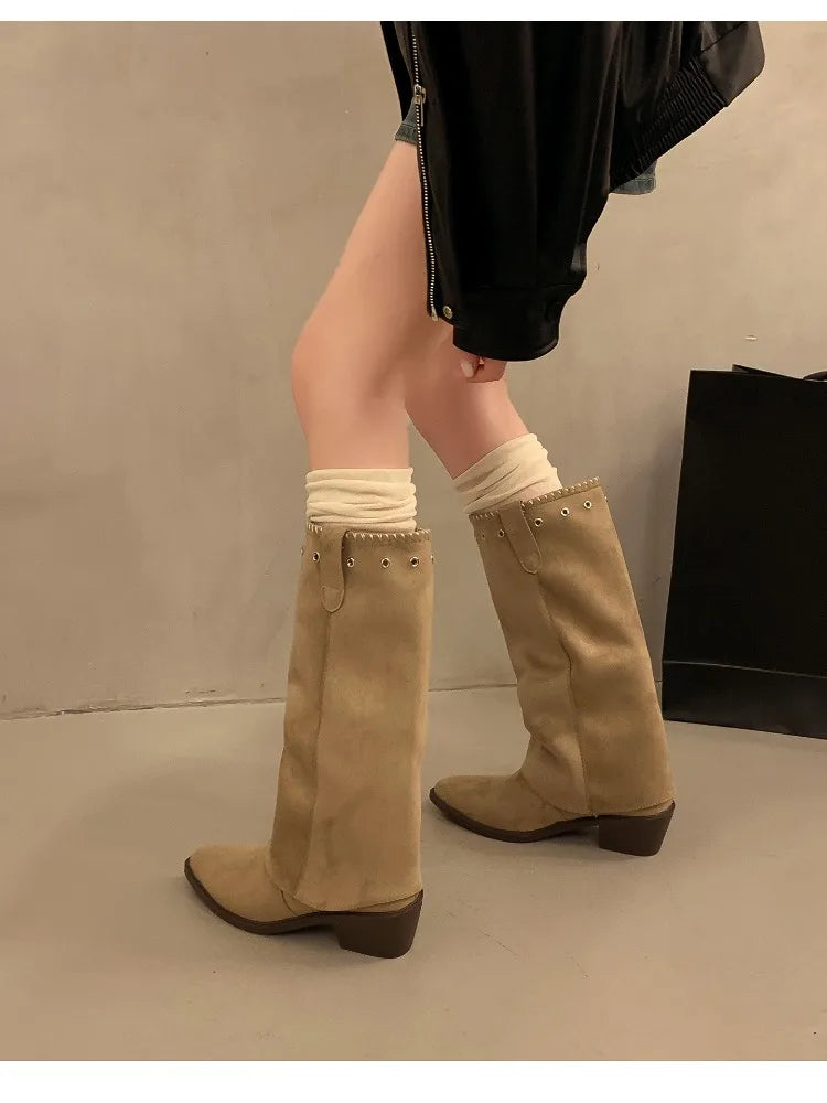 Vintage Thick Heel Western Cowboy Boots Button Combination Splicing Shoes Pipe Long Booties