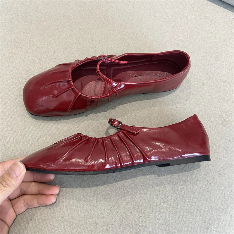 Pleated Mary Janes Flats Shoes Square Toe Pu Leather Comfortable Elegant Red Shoes Shallow Black Ballet Flats