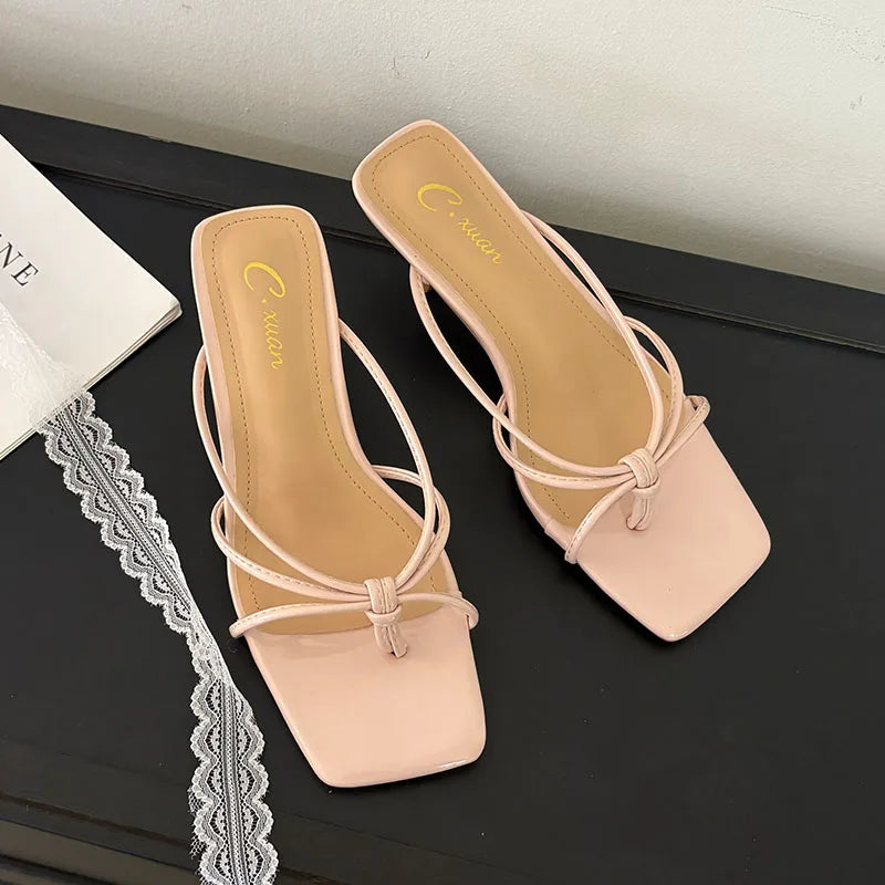 Shallow Thin Heel Slippers Slides Square Toe Medium Heel Sandals Shoes Flip flops Pumps