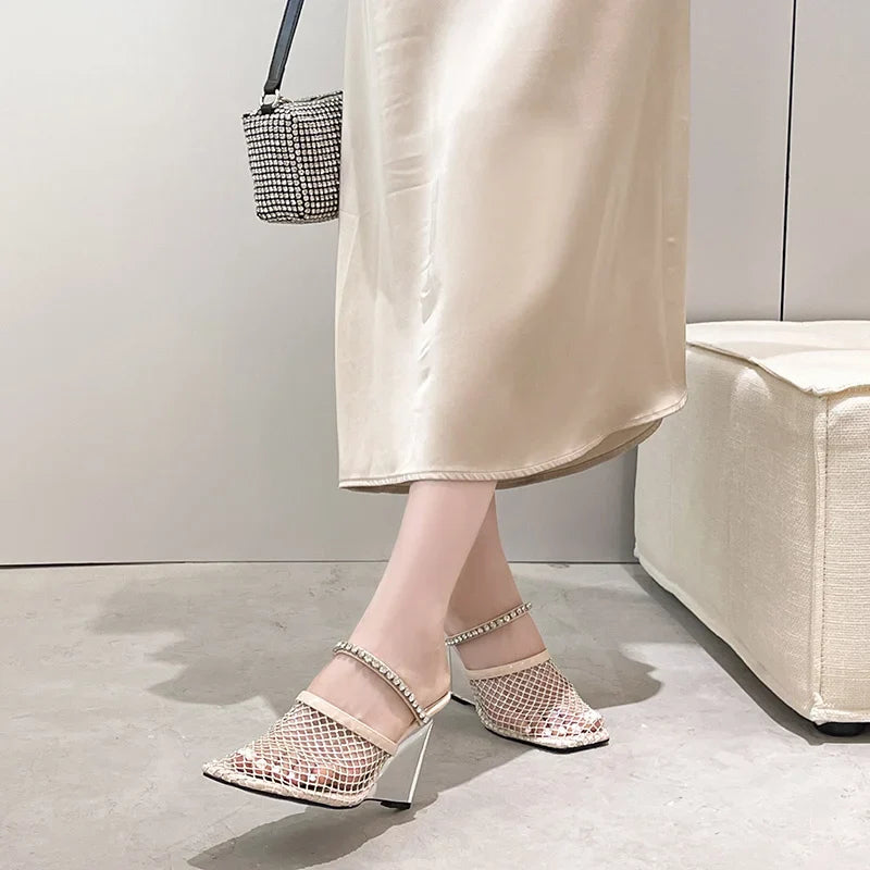 Sandals Rhinestone Mesh High Heels Footwear Elegant Square Toe Transparent Wedges Slippers