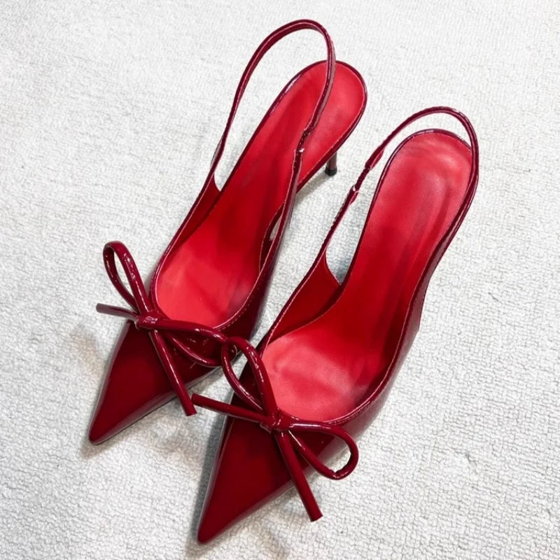 and pointed patent leather rhinestone bow shoes thin high-heeled banquet dress small size sandals