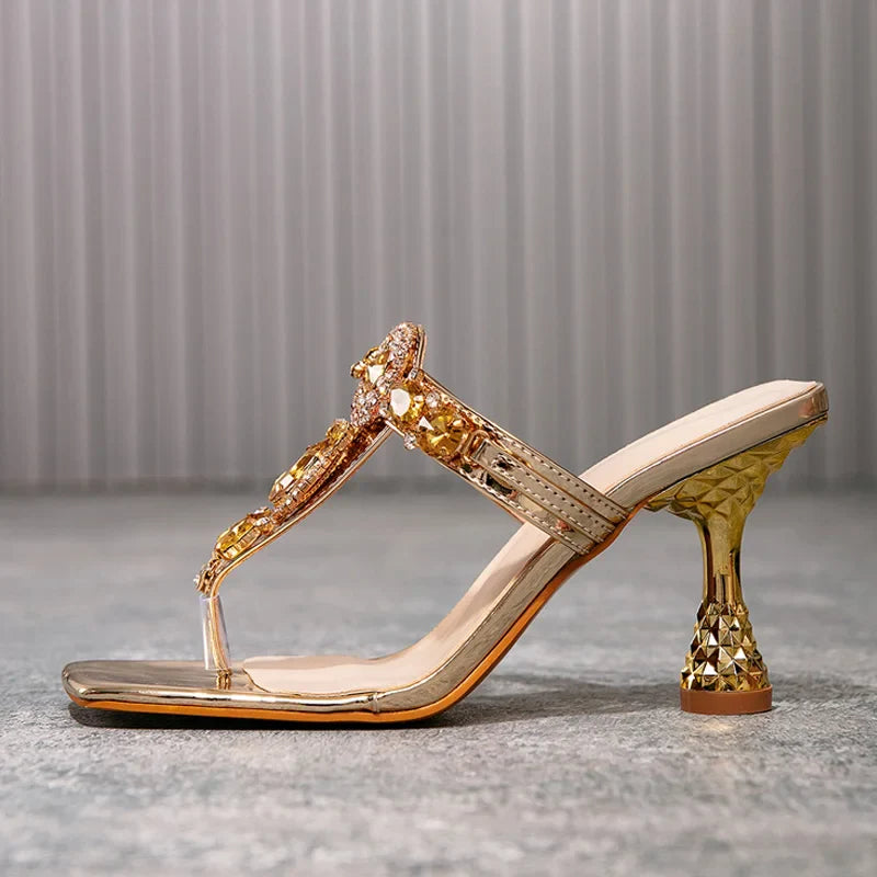 Party Diamond Slippers Clip Toe Crystal Narrow Band Flip Flops Shoes Low Heels Sandalias Mujer