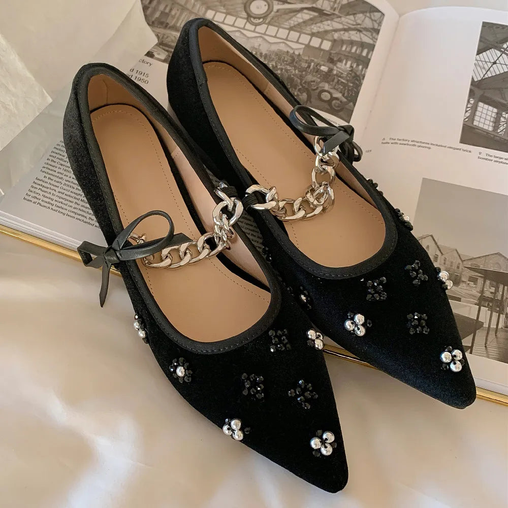 velvet pointed toe slip-on mary jane flats beading decoration casual ballet flats sweet ballerians shoes