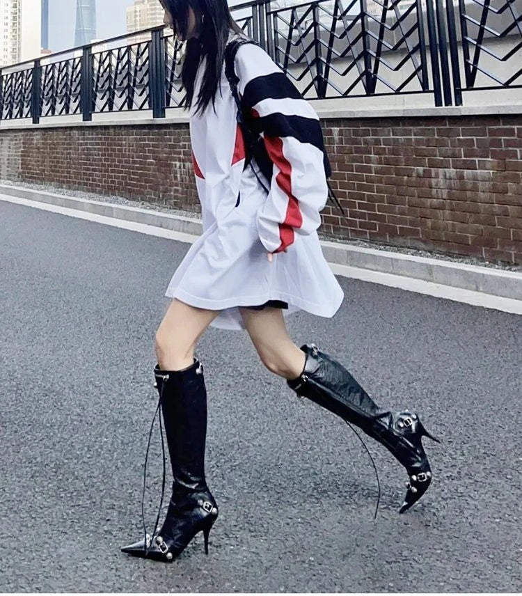 Chelsea Boots Pointed Toe High Heels Shoes Stilettos Knee High Boots Pumps Motorcycle Botas